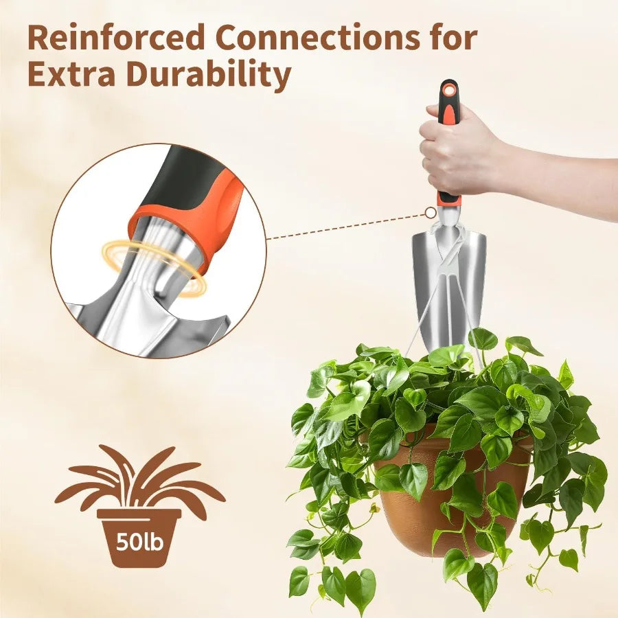 3 Piece Garden Tool Set with Ergonomic Handles for Outdoor Use Includes Hand Trowel Rake and Transplant Shovel for W