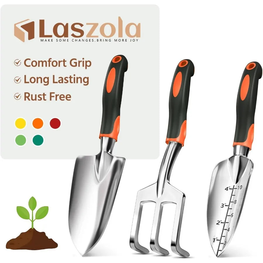 3 Piece Garden Tool Set with Ergonomic Handles for Outdoor Use Includes Hand Trowel Rake and Transplant Shovel for W