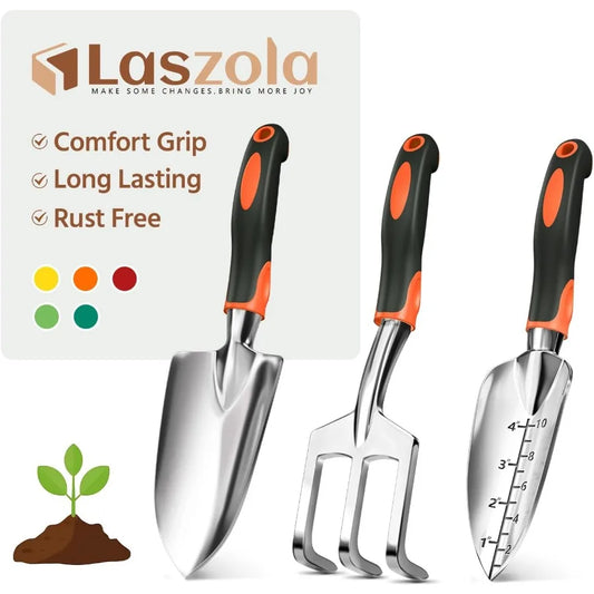 3 Piece Garden Tool Set with Ergonomic Handles for Outdoor Use Includes Hand Trowel Rake and Transplant Shovel for W