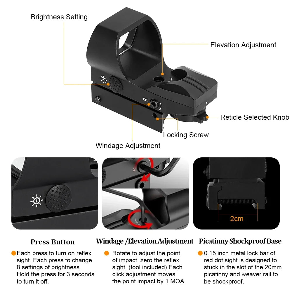 SRO MINI Red Dot Sight Tactical Optics 20mm Rail Compatible Four Points of Change Hunting Riflescope for Glock