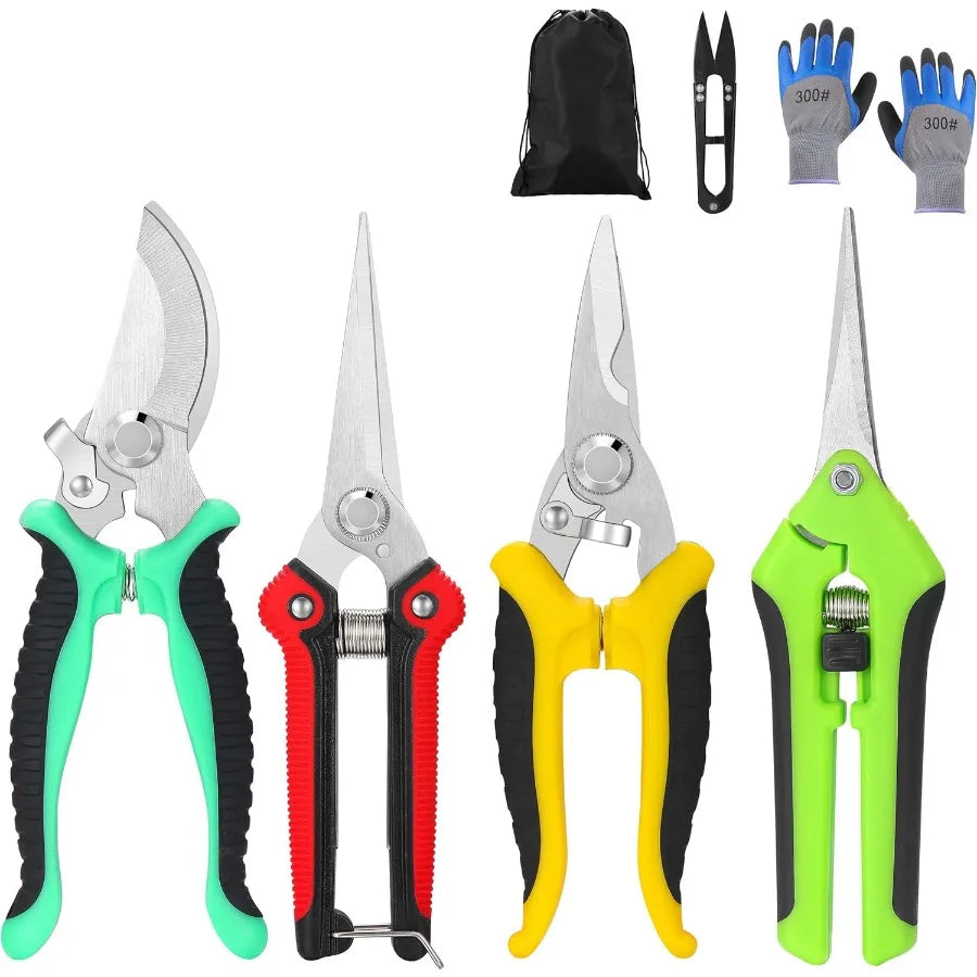 5Piece Garden Pruning Shears Set with Gloves and Storage Bag Stainless Steel Trimming Scissors for Flowers Herbs and Small Bran