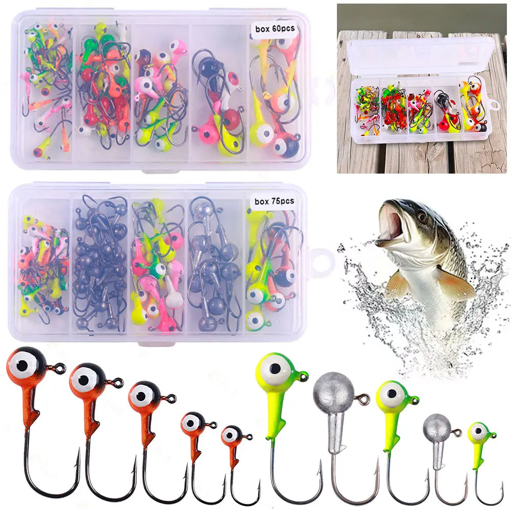 60/75pcs/box Barbed Jig Head Hooks Jigging Head Hooks Fishing Equipment Gear Tackle Accessories