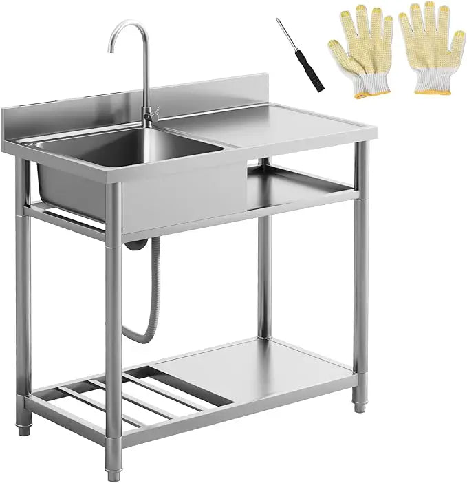 Outdoor Utility Sink, Deep Stainless Steel Sink, Free Standing Single Bowl with Cold and Hot Water Pipe and Storage Shelf for L