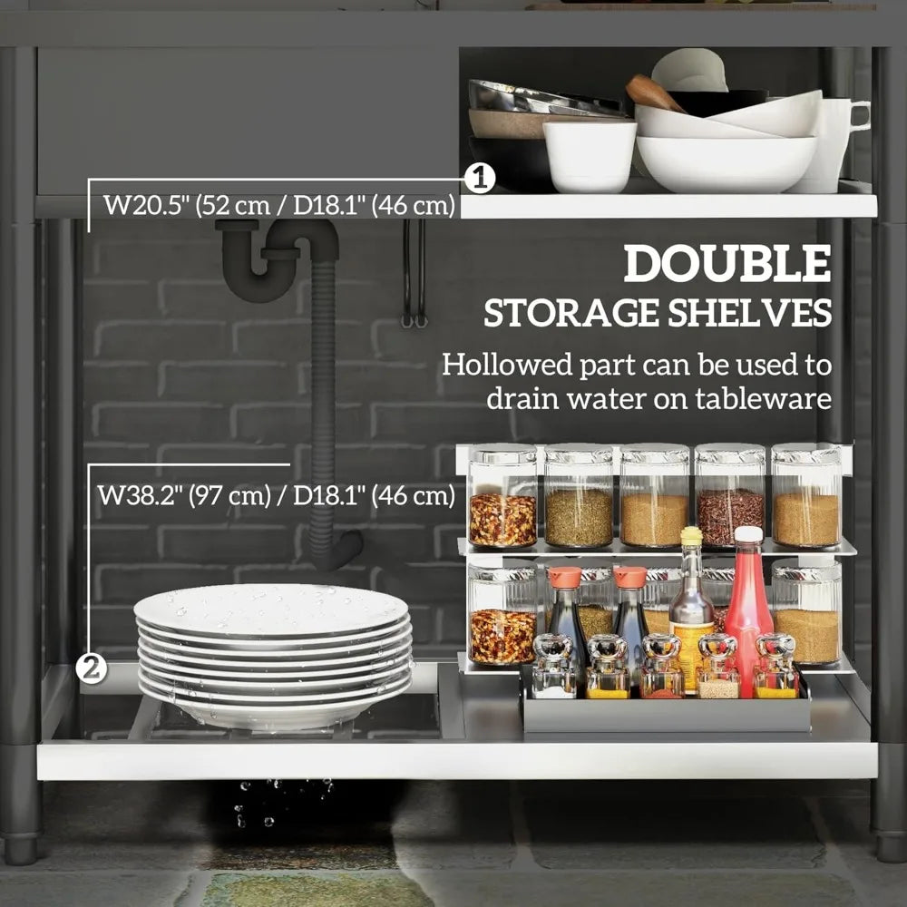 Outdoor Utility Sink, Deep Stainless Steel Sink, Free Standing Single Bowl with Cold and Hot Water Pipe and Storage Shelf for L