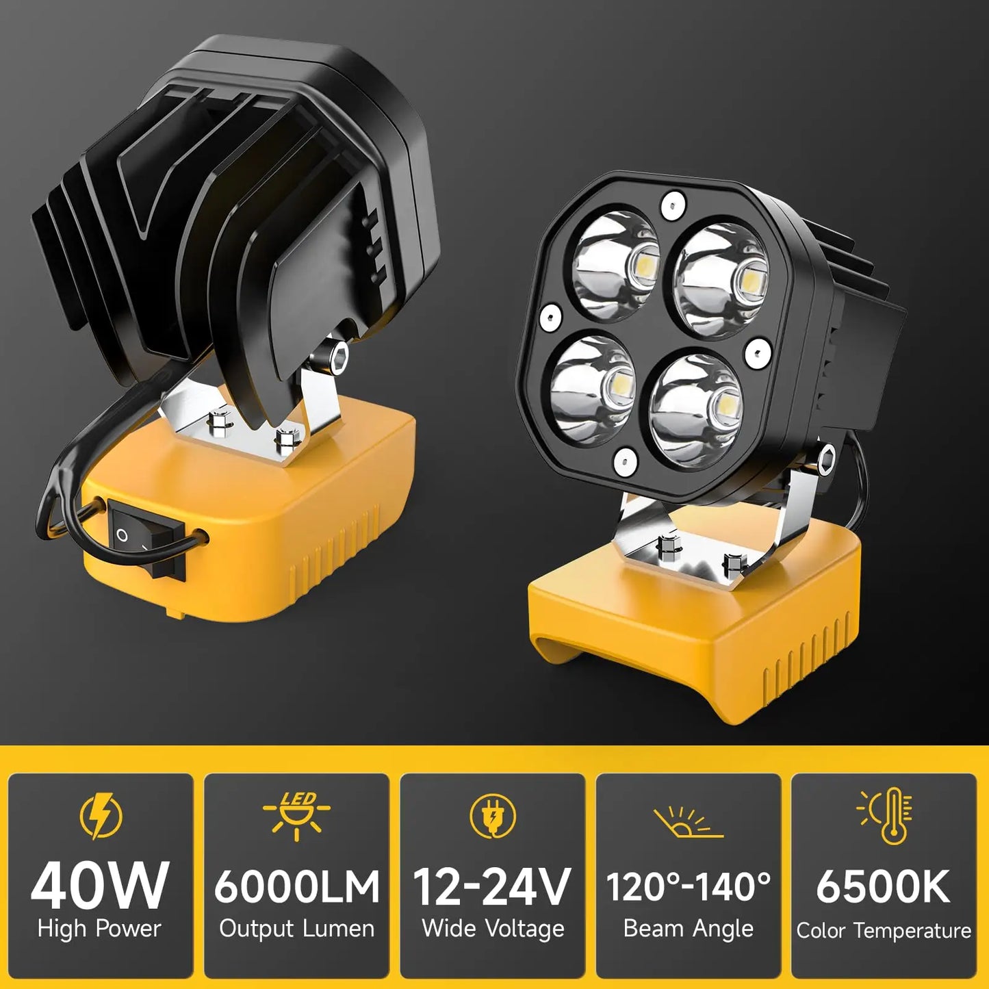 Kzreect 40W 6000LM Portable LED Work Light, for Dewalt 20V Battery, Cordless Work Light for Camping and Emergency Backup