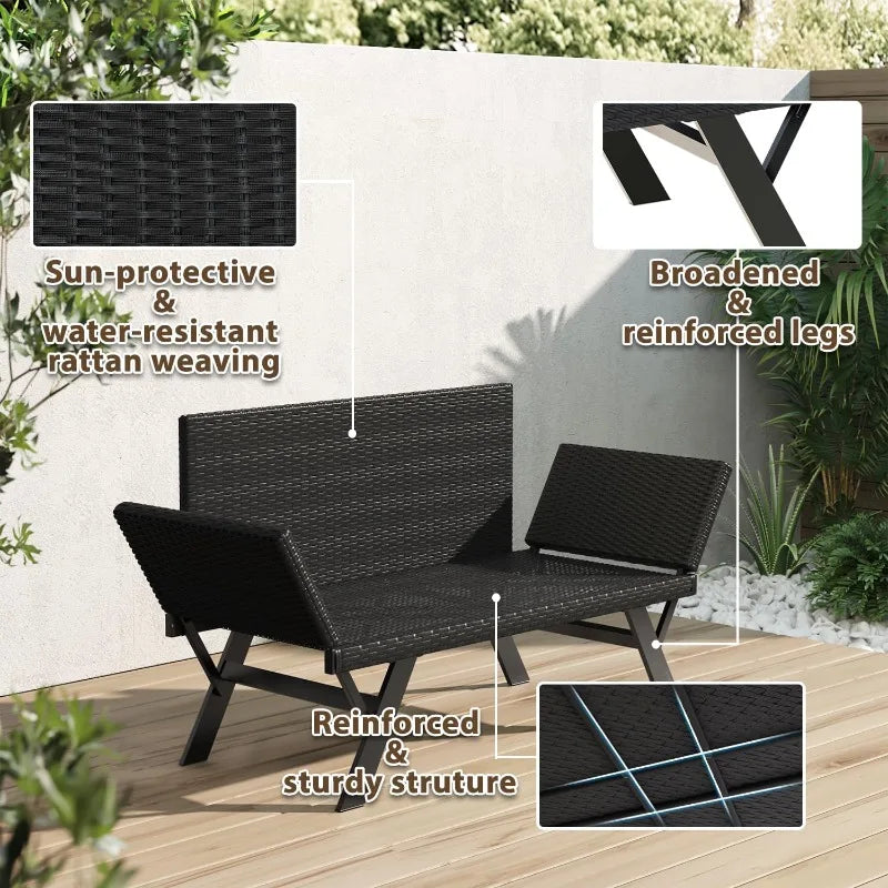 Outdoor Convertible Sofa, Daybed Couch with Adjustable Armrests, Woven Rattan Patio Loveseat or Double Chair with Soft C