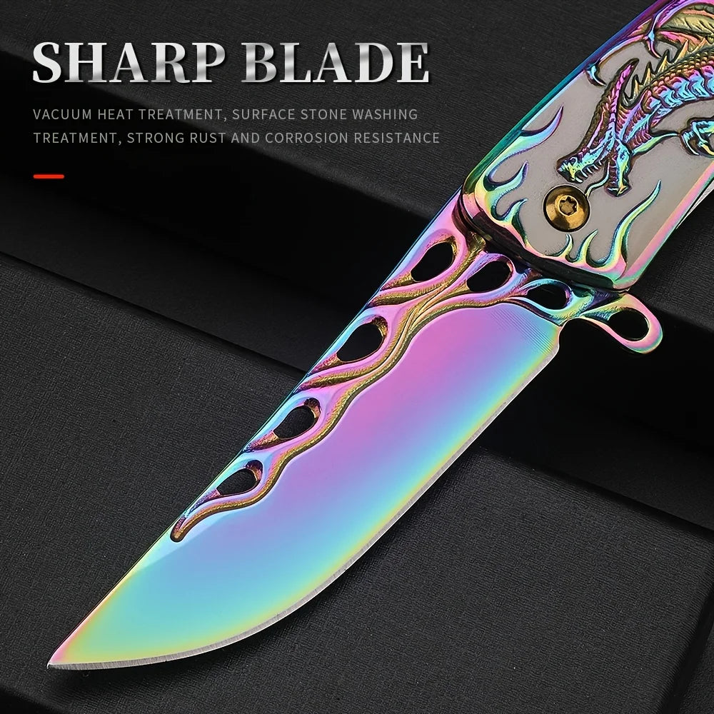 1Pcs Dragon Engraved High-Quality Survival Camping Knife with Blue/Red Handle, Pocket Clip for Outdoor and Collection,EDC Outdoo