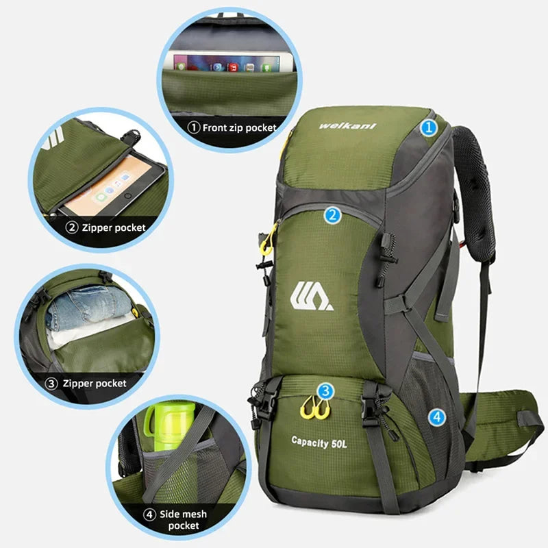 50L Travel Backpack Men Large Hiking Bag Tourist Rucksack Waterproof Outdoor Sports Climbing Mountaineering Bag Luggage