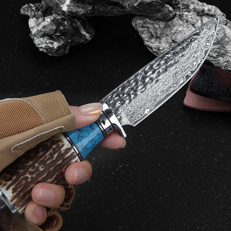1 Piece Damascus Steel Outdoor Knife with Fixed Blade, Handmade Sheath and Gorgeous Design - Perfect for Camping, Survival and Rescue  | Camping and Survival Equipment