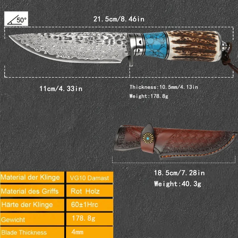 1 Piece Damascus Steel Outdoor Knife with Fixed Blade, Handmade Sheath and Gorgeous Design - Perfect for Camping, Survival and Rescue  | Camping and Survival Equipment