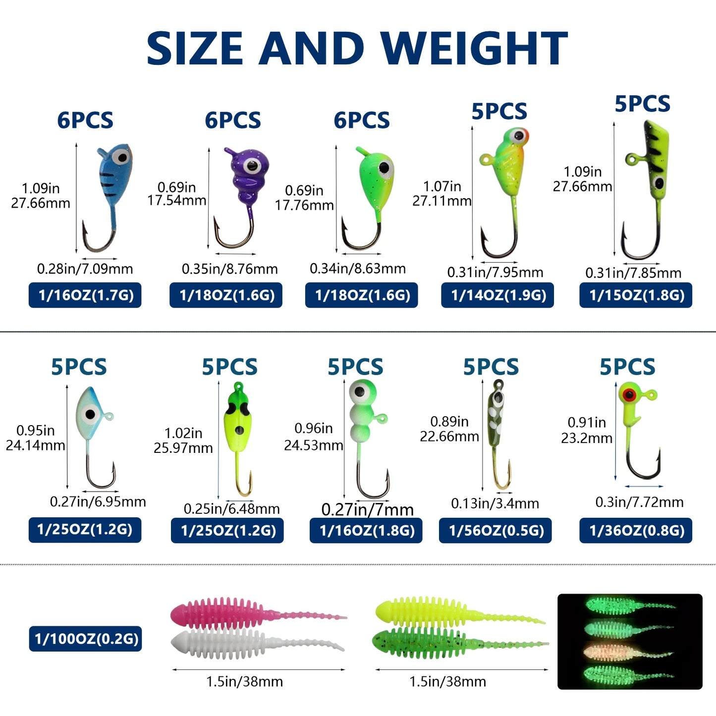 93pcs  Ice Fishing Jigs Kit, Ice Fishing Lures Glow in The Dark Ice Jigs | Soft Baits Ice Fishing Jig Heads Walleye Crappie