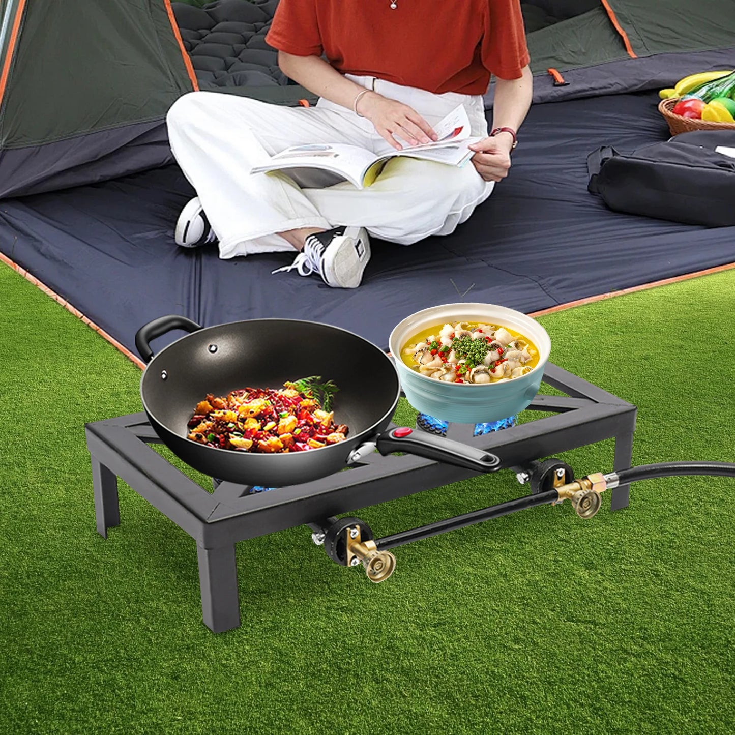 Portable Double Burner Outdoor Gas Stove Propane Cooker with Adjustable 0-10Psi Regulator Hose for Patio Camping, BBQ, Home