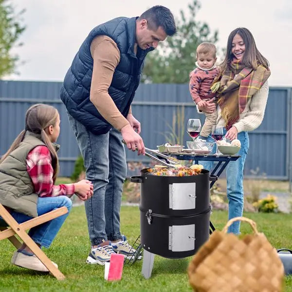 Vertical Steel Charcoal Smoker Grill - Heavy Duty Double-Layer BBQ Smoker with Effortless Temperature Control for Backyard, Camp