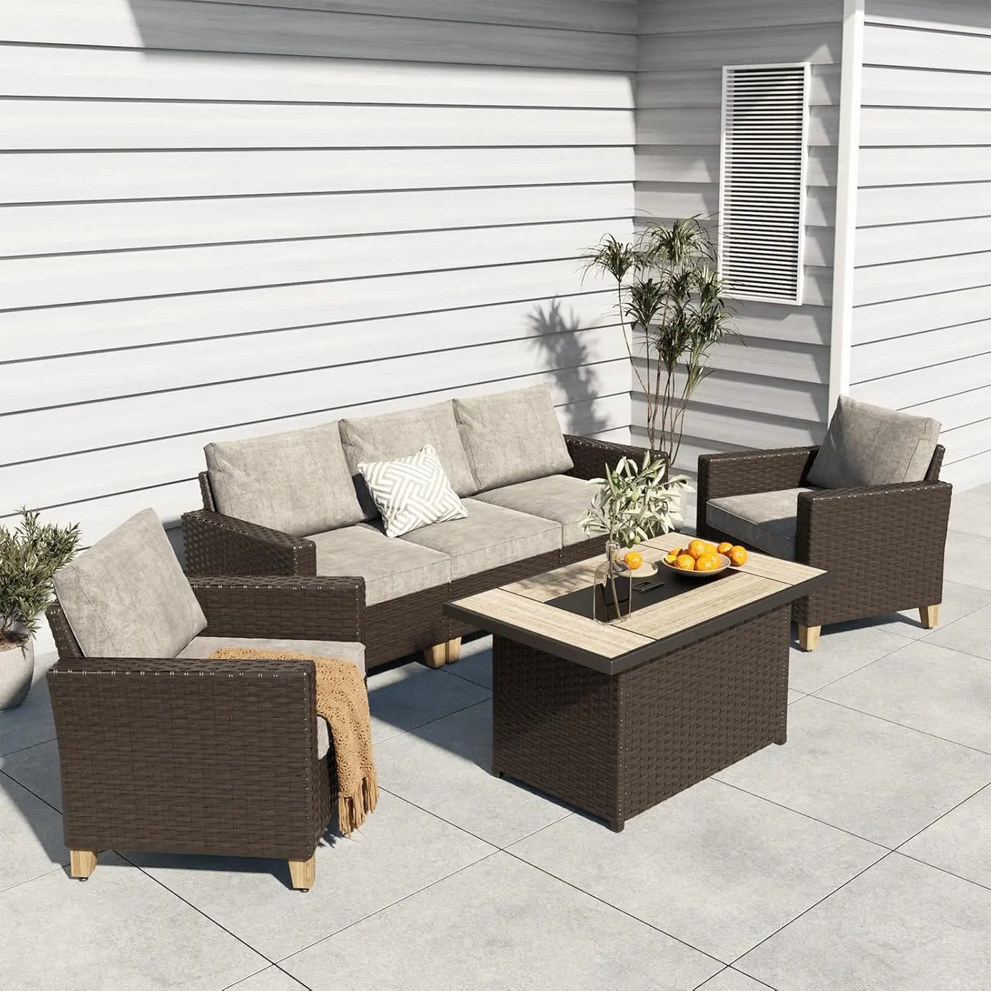 Outdoor 43-Inch Safety Approved Gas Fire Pit Table Rectangle Propane Fire Pit with Ceramic Tile Top and Wicker Base