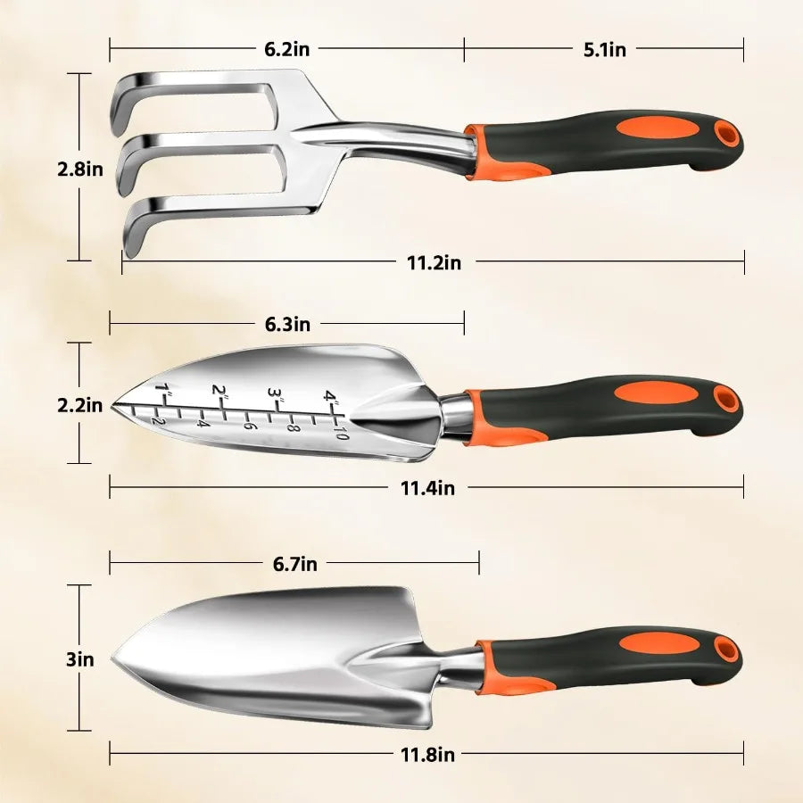 3 Piece Garden Tool Set with Ergonomic Handles for Outdoor Use Includes Hand Trowel Rake and Transplant Shovel for W