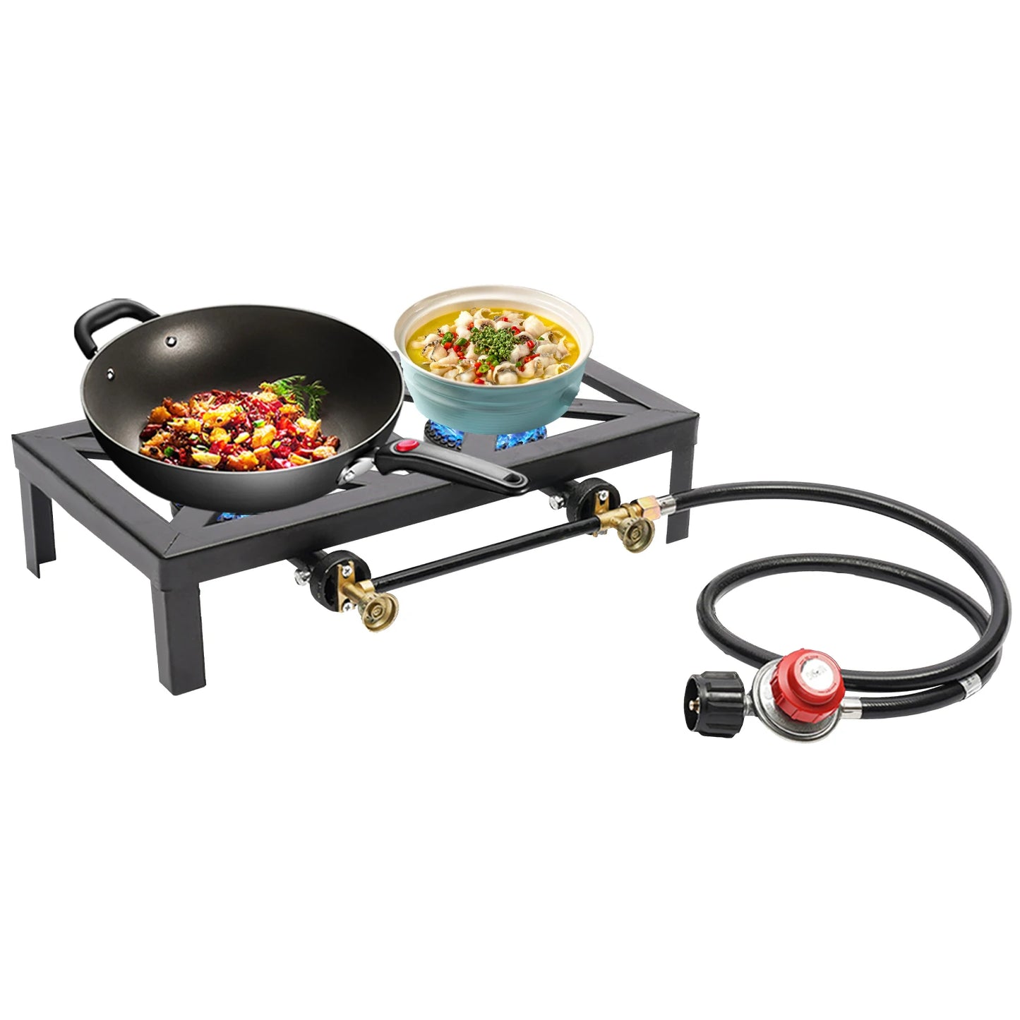 Portable Double Burner Outdoor Gas Stove Propane Cooker with Adjustable 0-10Psi Regulator Hose for Patio Camping, BBQ, Home