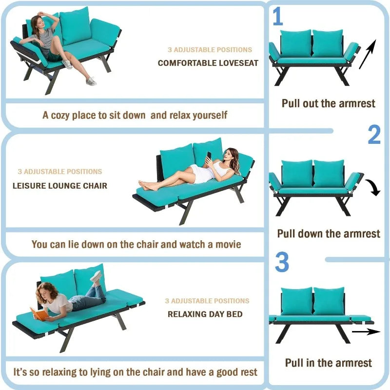 Outdoor Convertible Sofa, Daybed Couch with Adjustable Armrests, Woven Rattan Patio Loveseat or Double Chair with Soft C
