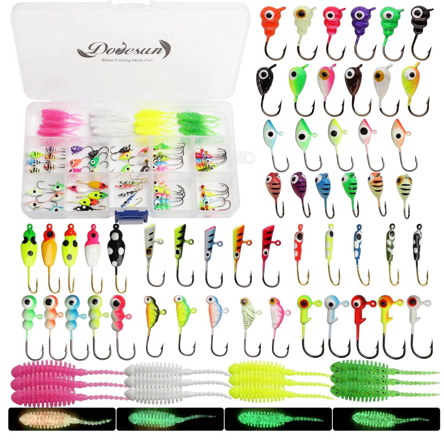 93pcs  Ice Fishing Jigs Kit, Ice Fishing Lures Glow in The Dark Ice Jigs | Soft Baits Ice Fishing Jig Heads Walleye Crappie