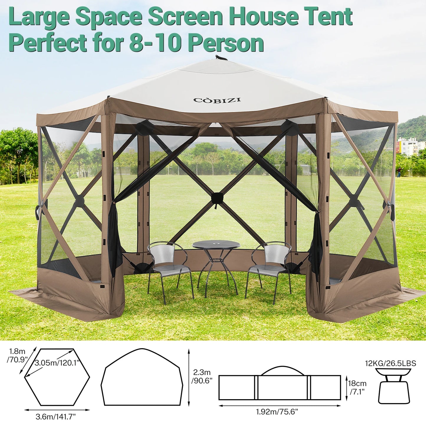 12x12ft Pop up Gazebo Screen House Tent with Mosquito Netting, 6 Sided Pop-up Canopy Shelter Tent Easy-Set Portable Gazebo