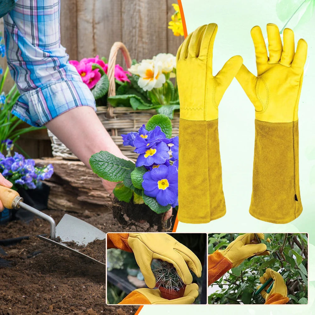 1 Pair Long Thorn Proof Gardening Gloves Breathable Leather Working Mitten with Forearm Protection Garden Gloves for Women Men