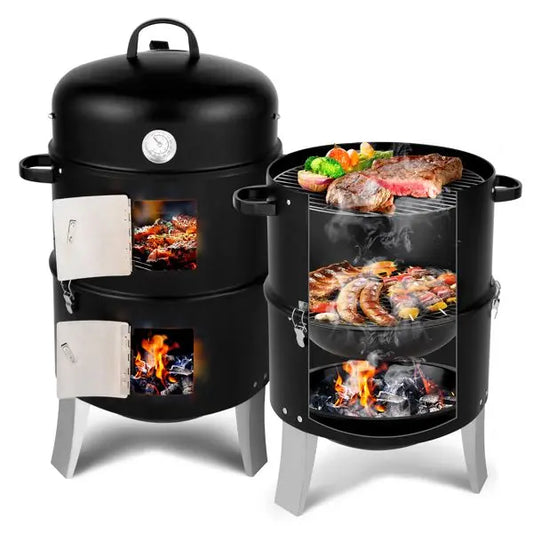 Vertical Steel Charcoal Smoker Grill - Heavy Duty Double-Layer BBQ Smoker with Effortless Temperature Control for Backyard, Camp