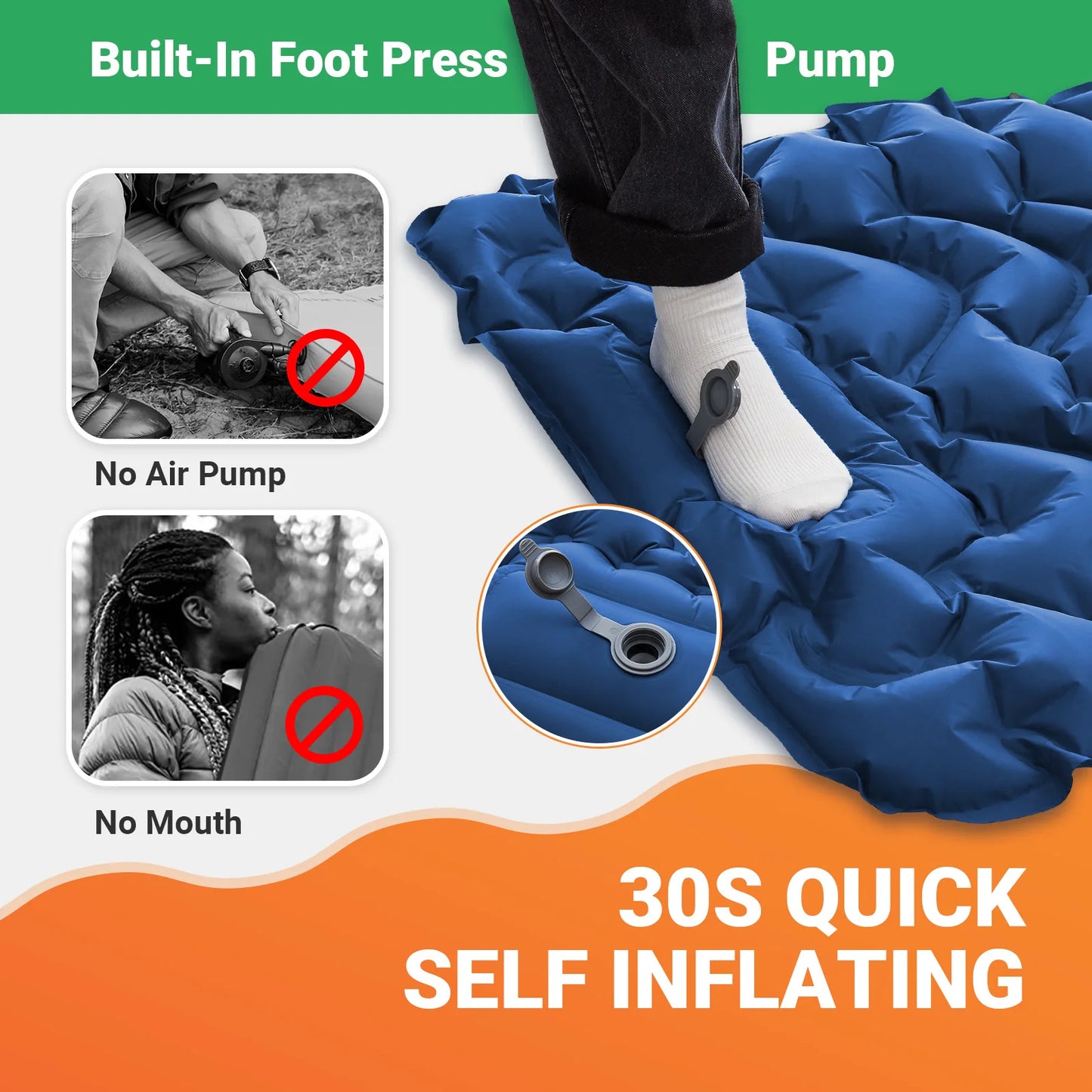 KingCamp Self Inflating Sleeping Pad, Ultralight Inflatable Sleeping Mat With Pillow Built-in Foot Pump For Camping Traveling